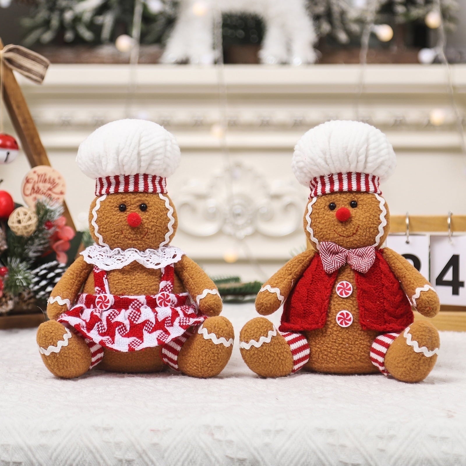 2PCS Gingerbread Man Plush Toys, Christmas Tree Topper Decorations, Pillow Decor, 9.5 Inch
